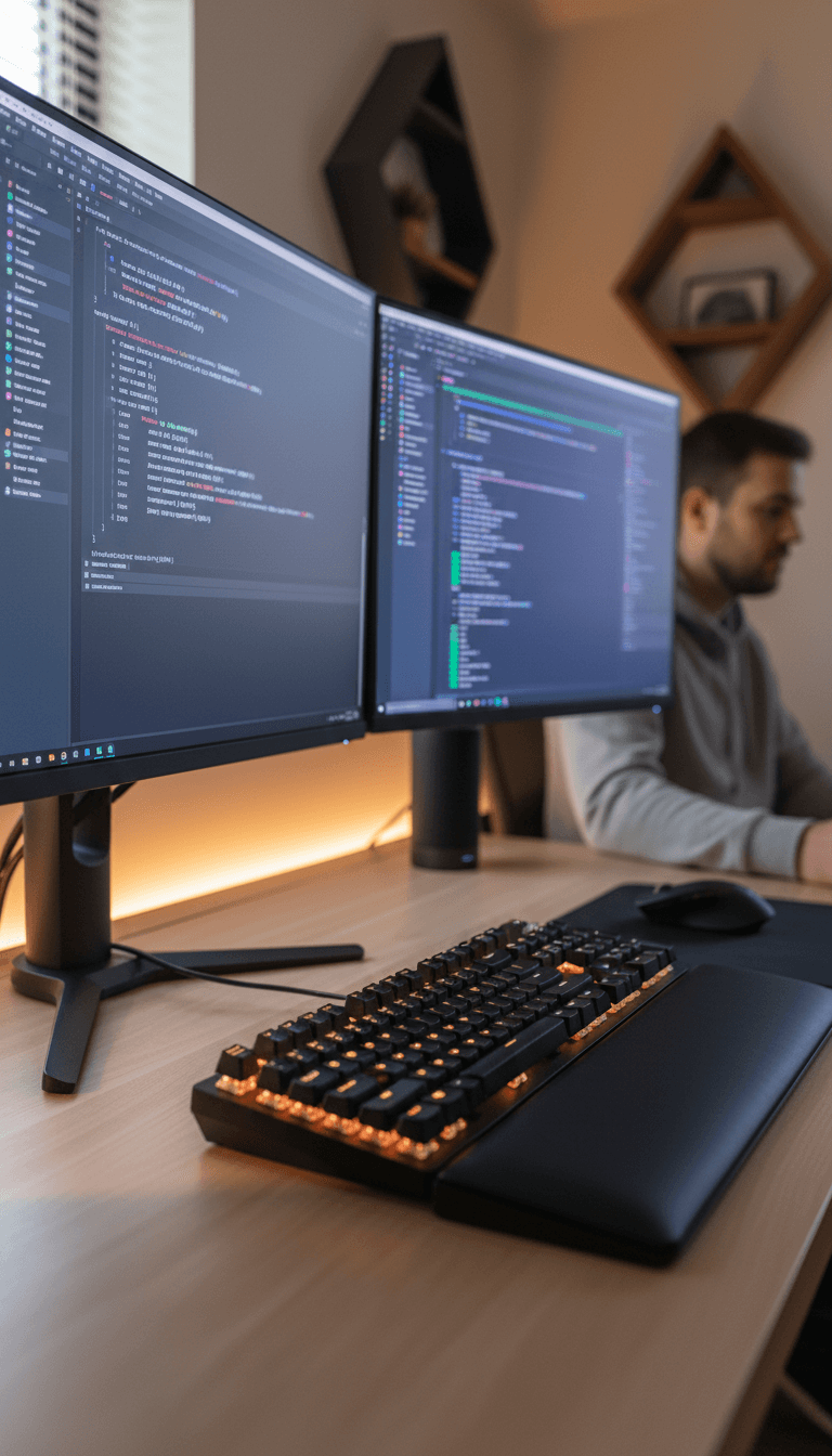 بيئة عمل حديثة لمطور يستخدم Cursor AI على شاشات متعددة