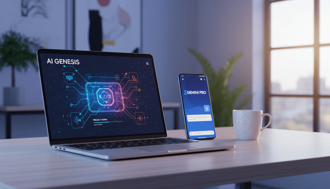 محطة عمل حديثة تعرض Gemini AI Pro على شاشة الكمبيوتر المحمول مع واجهة ذكية