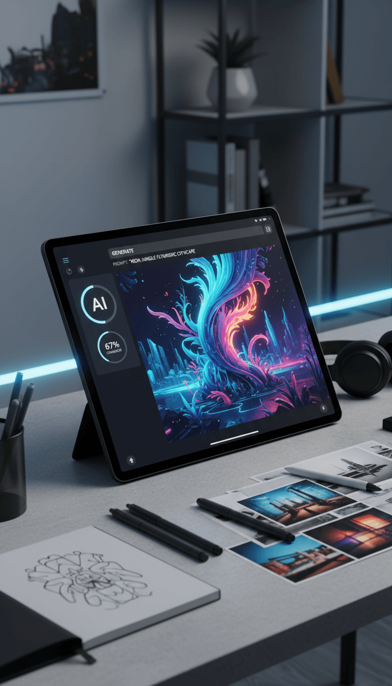 محطة عمل المصمم مع واجهة توليد الصور بالذكاء الاصطناعي