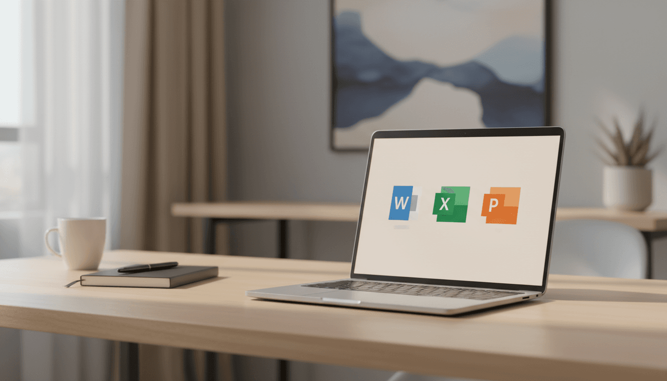 شاشة حاسوب تعرض تطبيقات Microsoft 365 في بيئة عمل احترافية